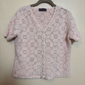 Laura Scott Women’s Sweater Crochet Square Knit Scallop Edge Pink Size Large